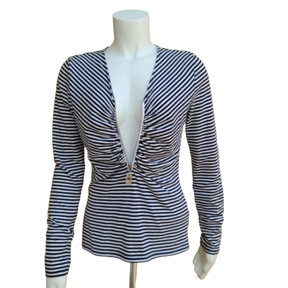 MICHAEL KORS Striped Long Sleeve Knit Top S Small Shirt Ruched Zipper Front - Picture 12 of 13